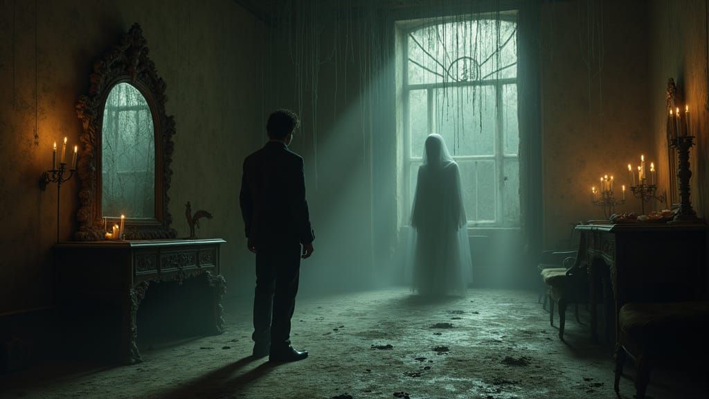 Eerie Dark Realism Scene of Abandoned House with Ghostly Pre...