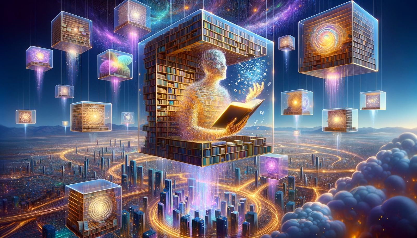 Floating Library in a Radiant Cyberpunk Metropolis