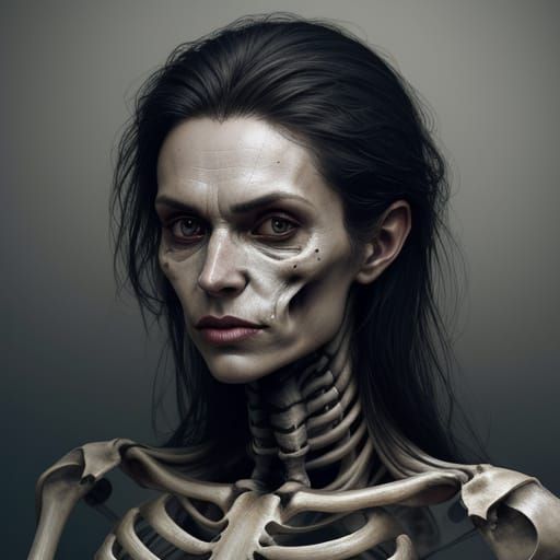 Woman with Skin and Skeleton Halves in Dark, Cinematic Portr...