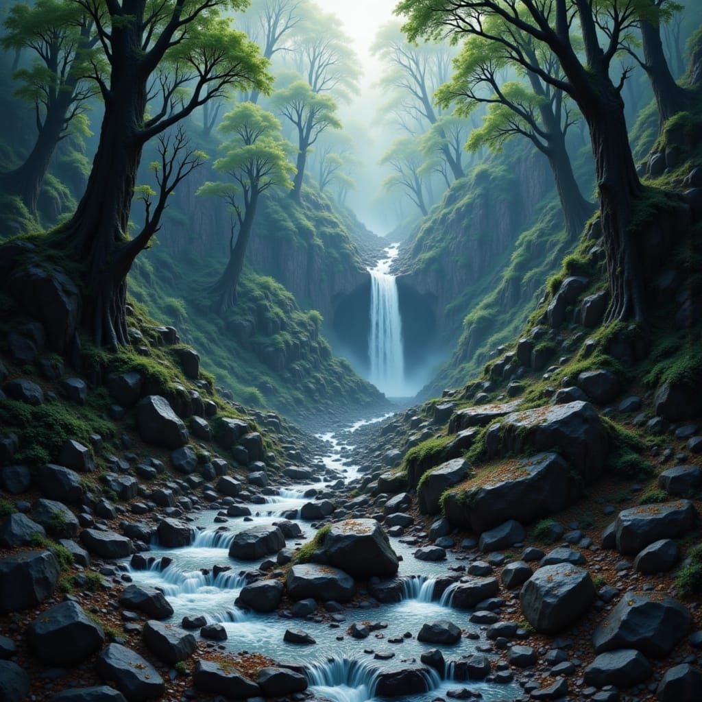 Surreal Landscape with a Glowing Green Apple