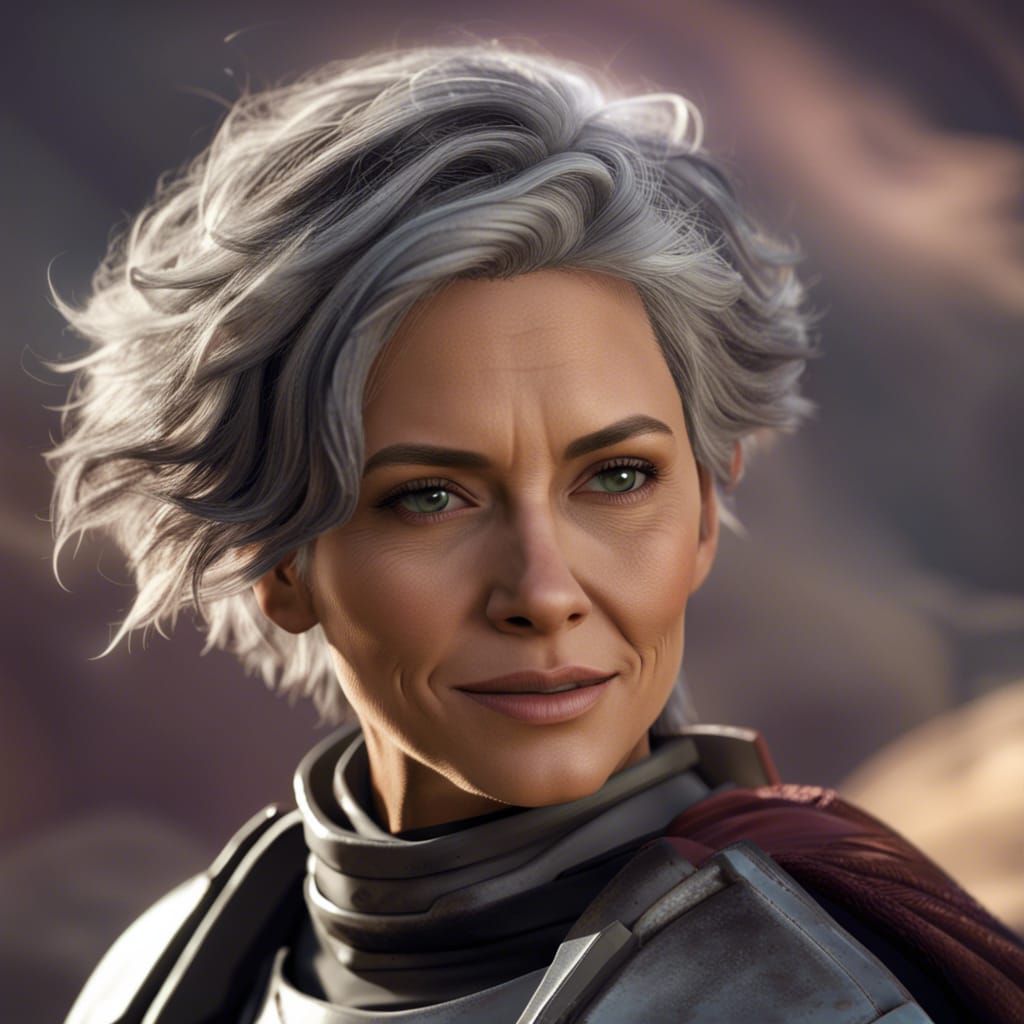 Latina Woman in Mandalorian Armor on Mountainous Planet