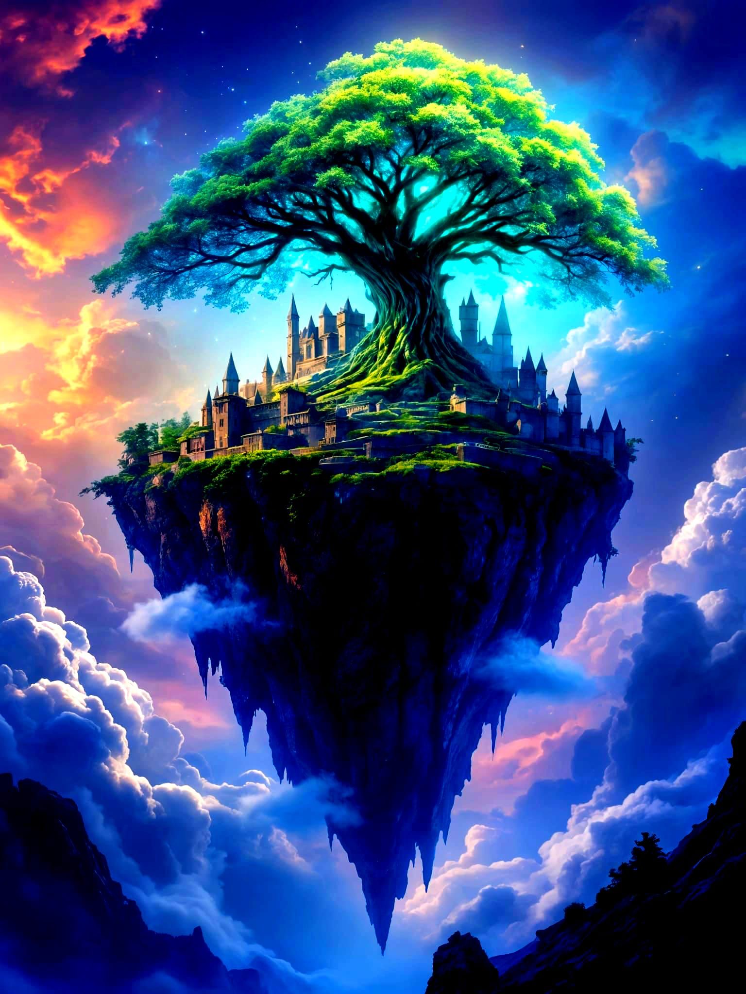 Crystal Castle on Levitating Island with Bioluminescent Tree