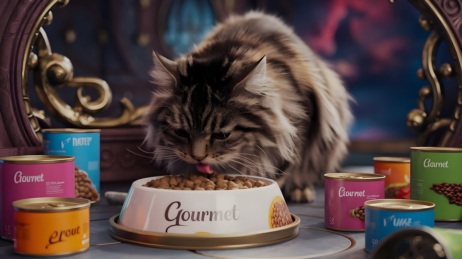 Tabby Cat Enjoys Gourmet Food in Matte Painting Style