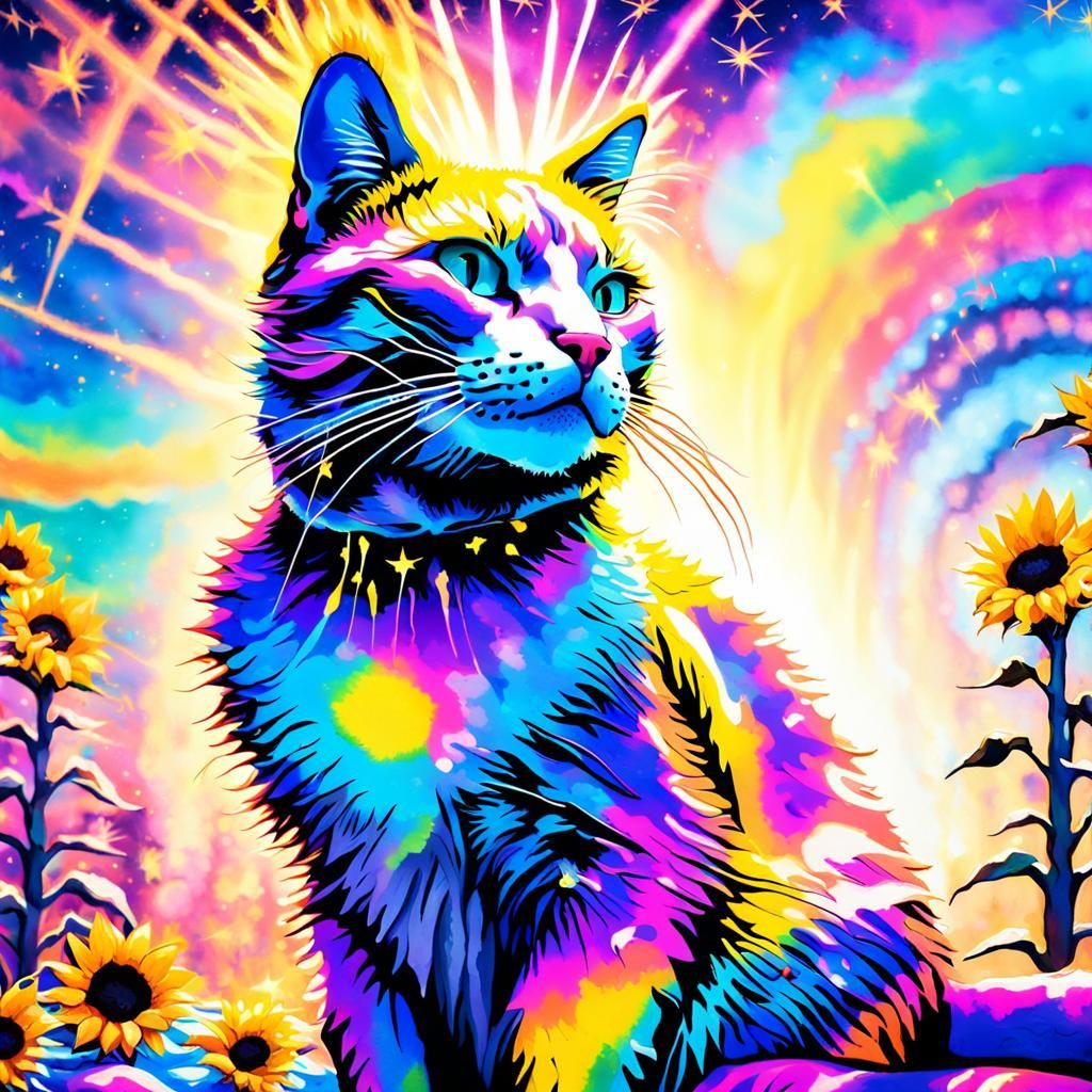Surreal Cat in a Neon Candyland Fireworks Dream