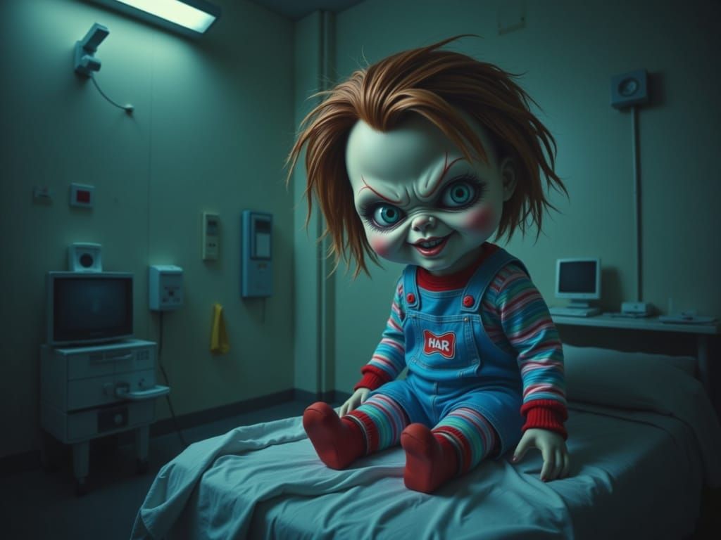 Eerie Chucky Doll in Hospital Gown, Horror Art