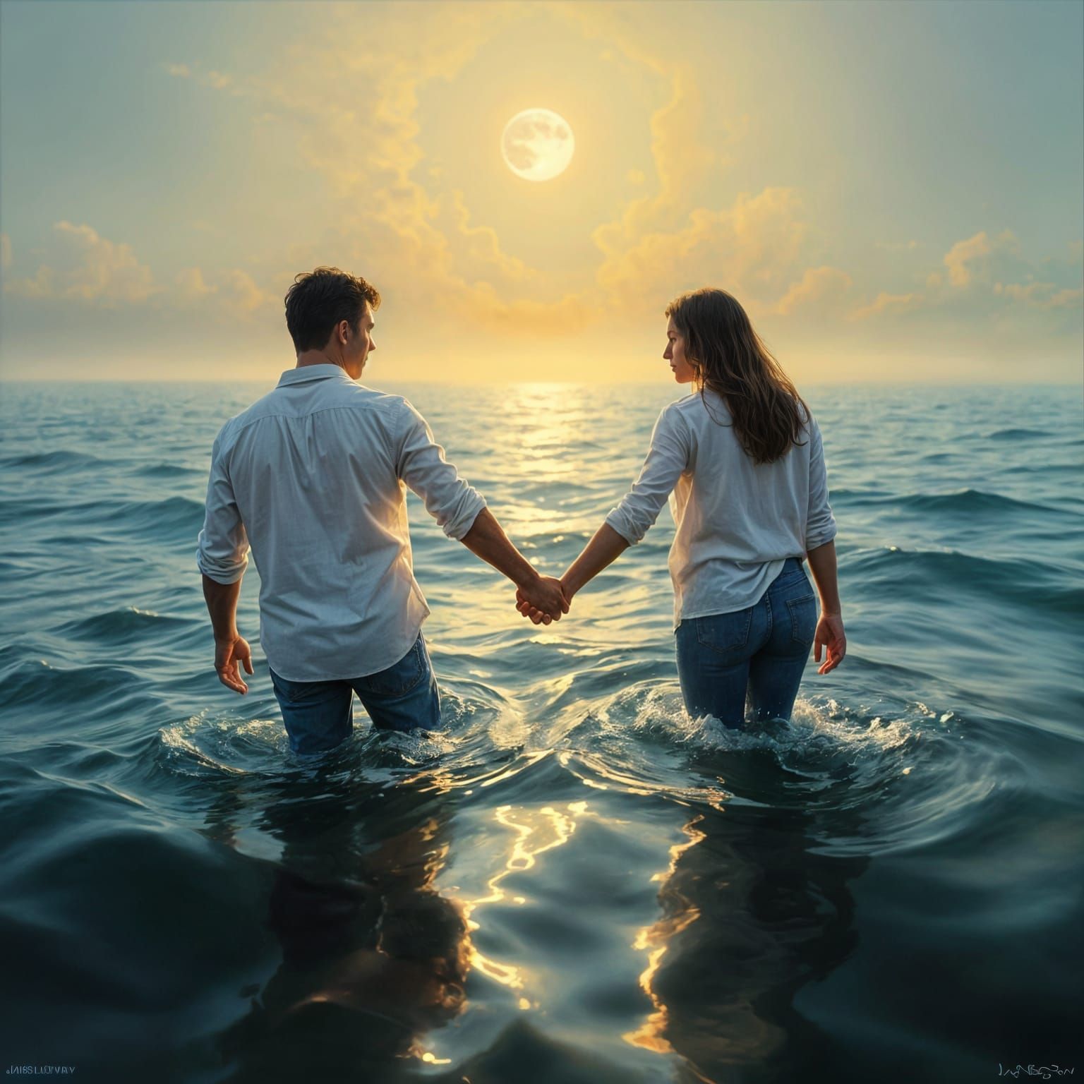 Ethereal Couple Drifts Apart in Dreamlike Ocean Scene