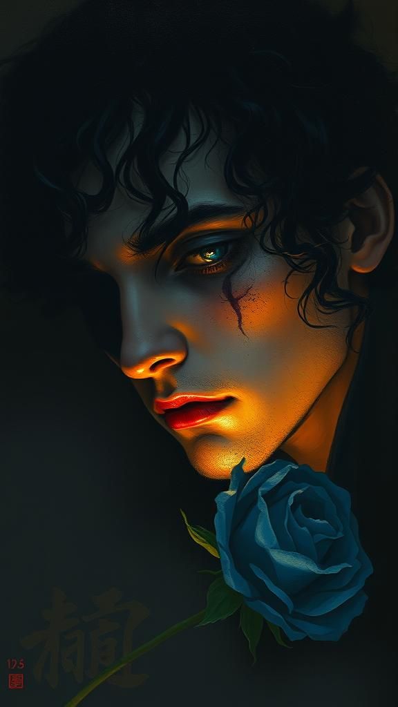 Melancholic Man with Blue Rose in Grimdark Style