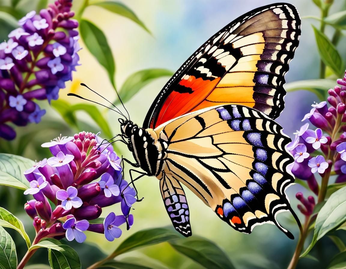 Butterfly Pollinating Buddleia in Watercolor Style
