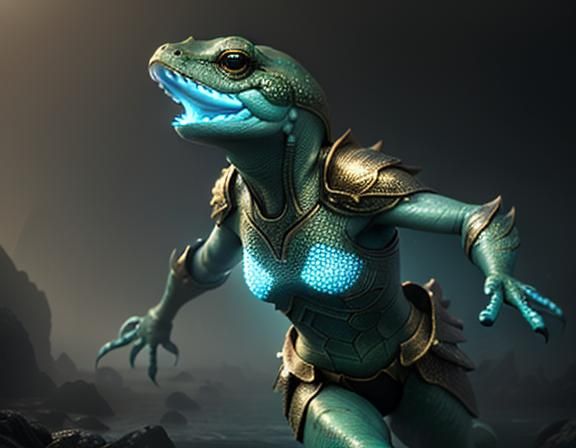 Female Amphibioid in Misty Environment: 3D Game Render