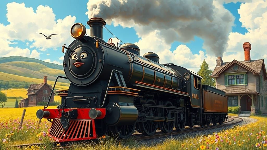 Steam Train with Victorian House in Rockwell-Miyazaki Style