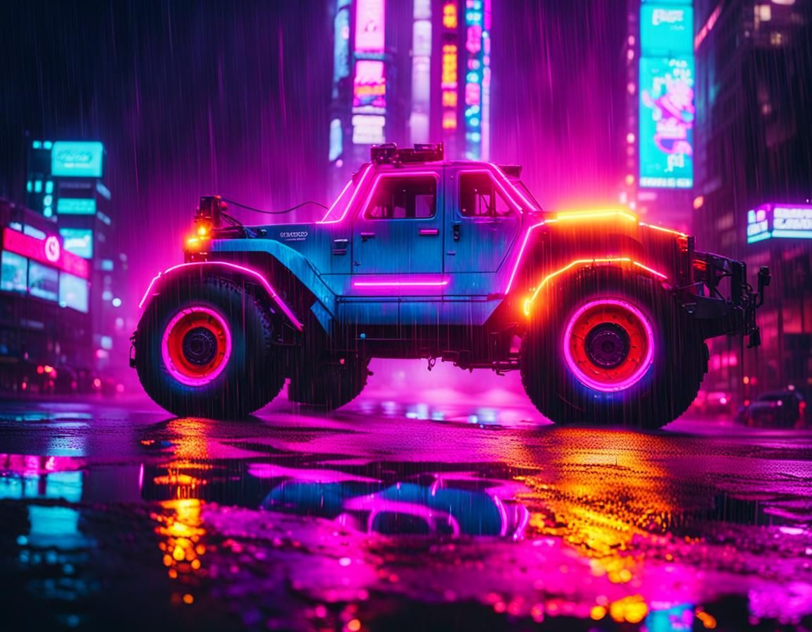 Cyberpunk Offroad Truck Races Through Rainy City