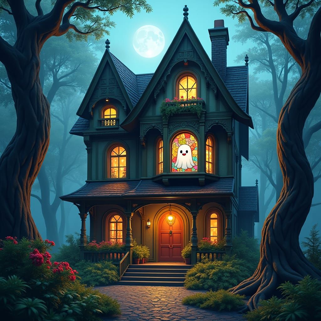 Victorian Mansion with Ghost in Misty Forest