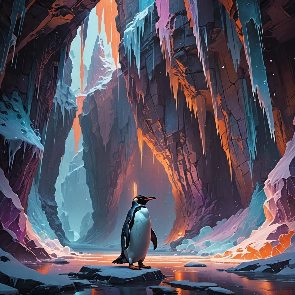 Penguin in Mystical Cavern: Fantasy Concept Art