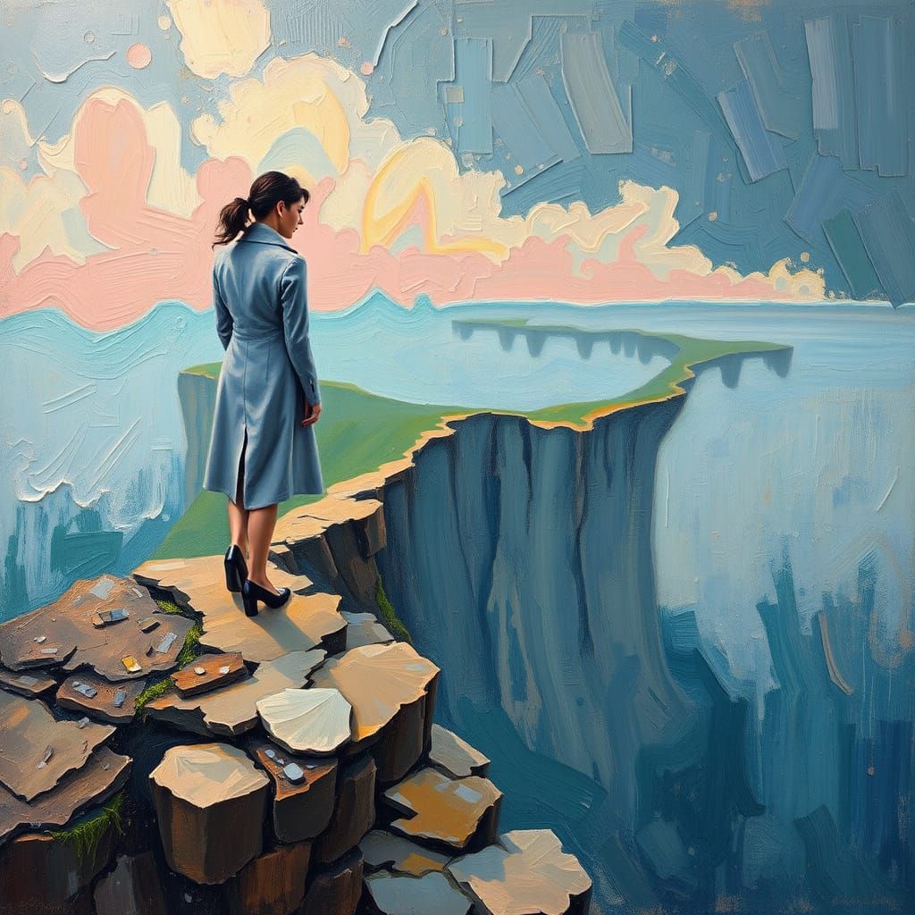 Woman at Cliff's Edge in Expressionist Style