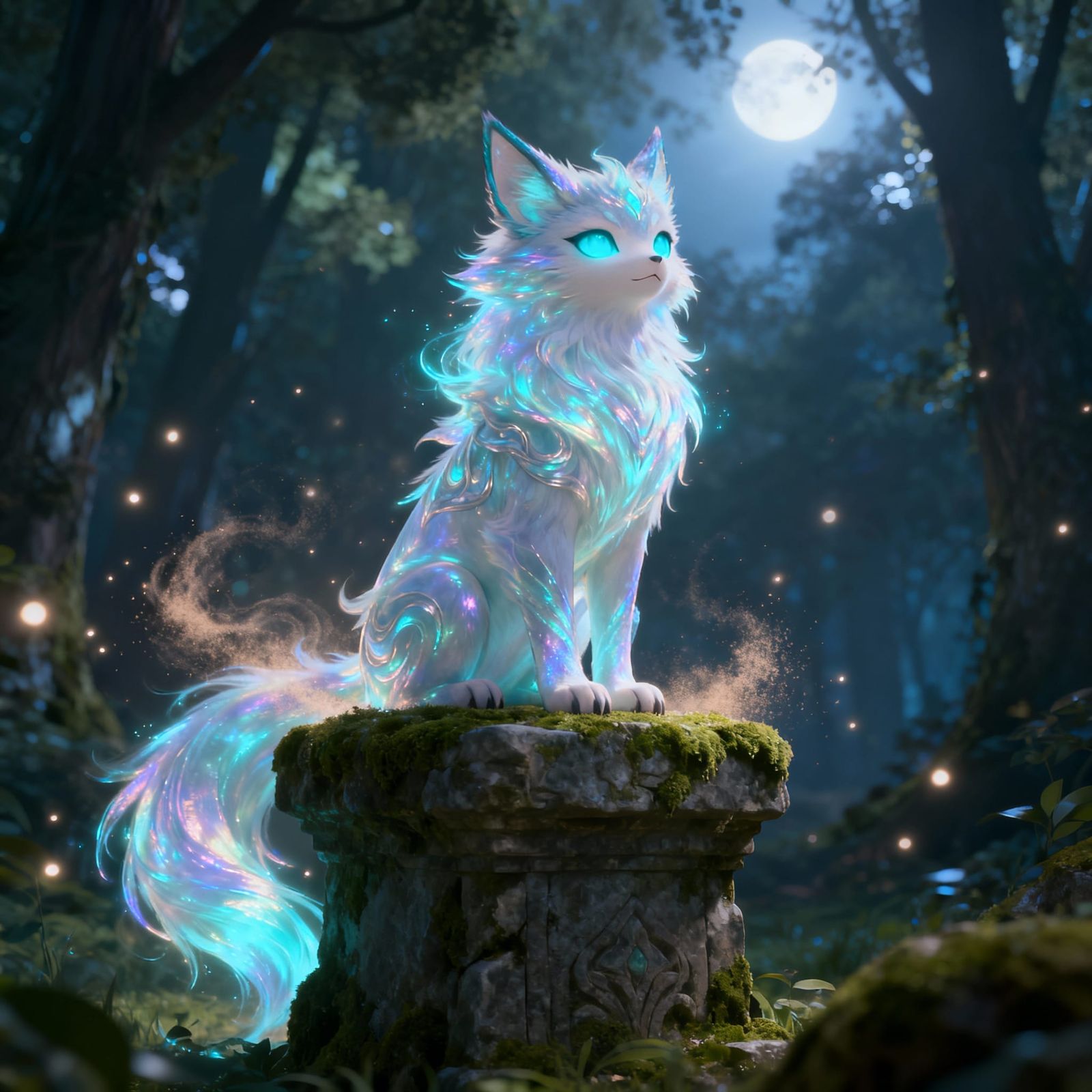 Magical Cat with Glowing Eyes in Mystical Forest