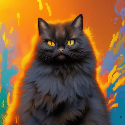 Black Persian Cat in Blue Flower Meadow