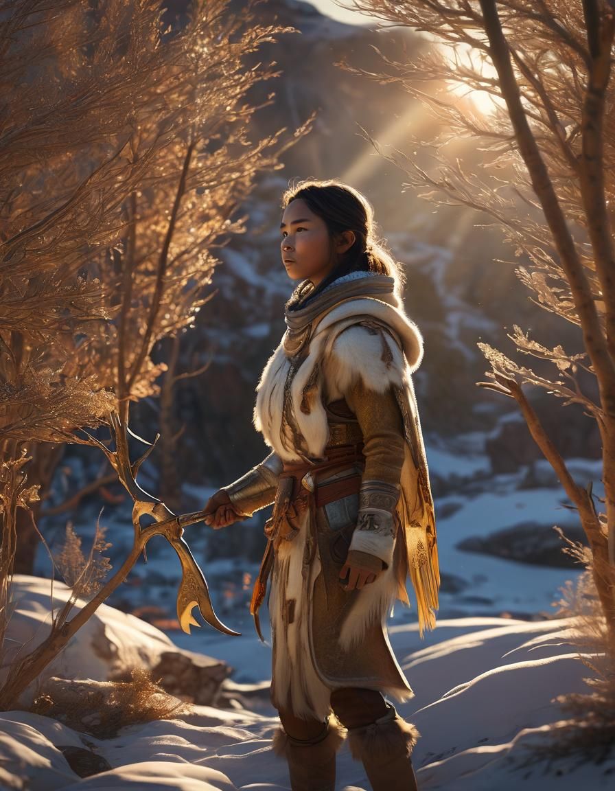 Hyperrealistic Inuit Hunter at Golden Hour