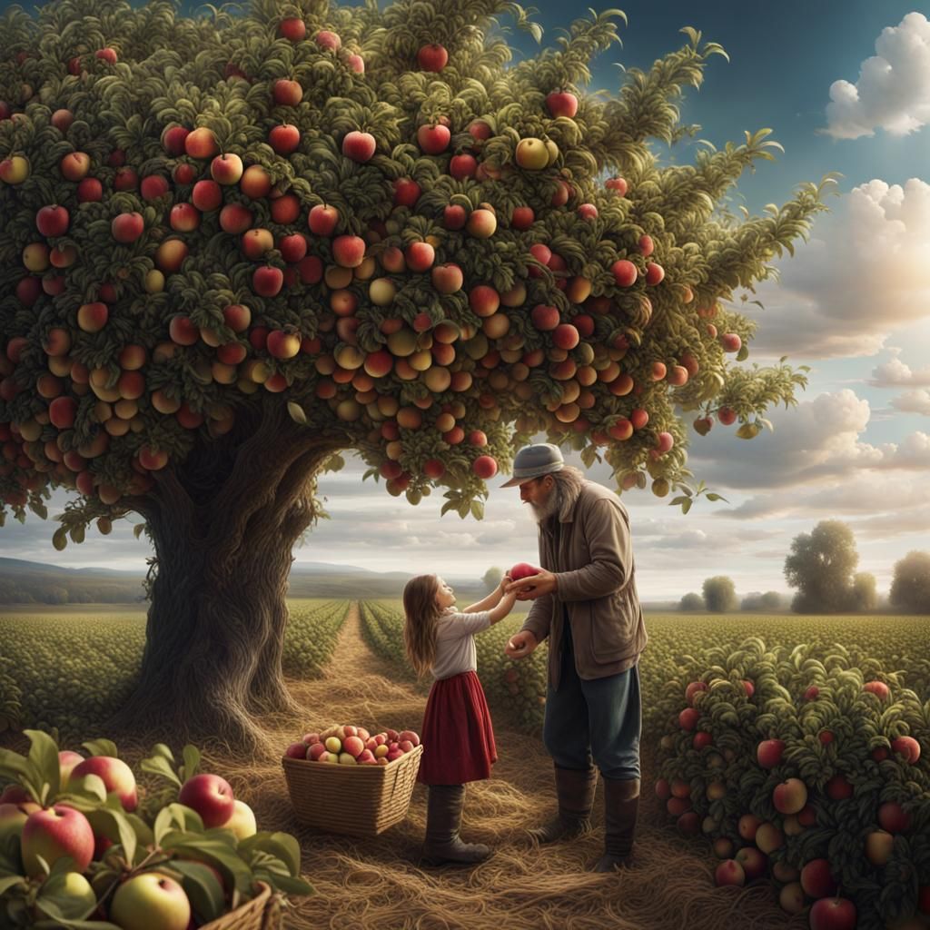 Father and Daughter Harvesting Apples, Digital Painting