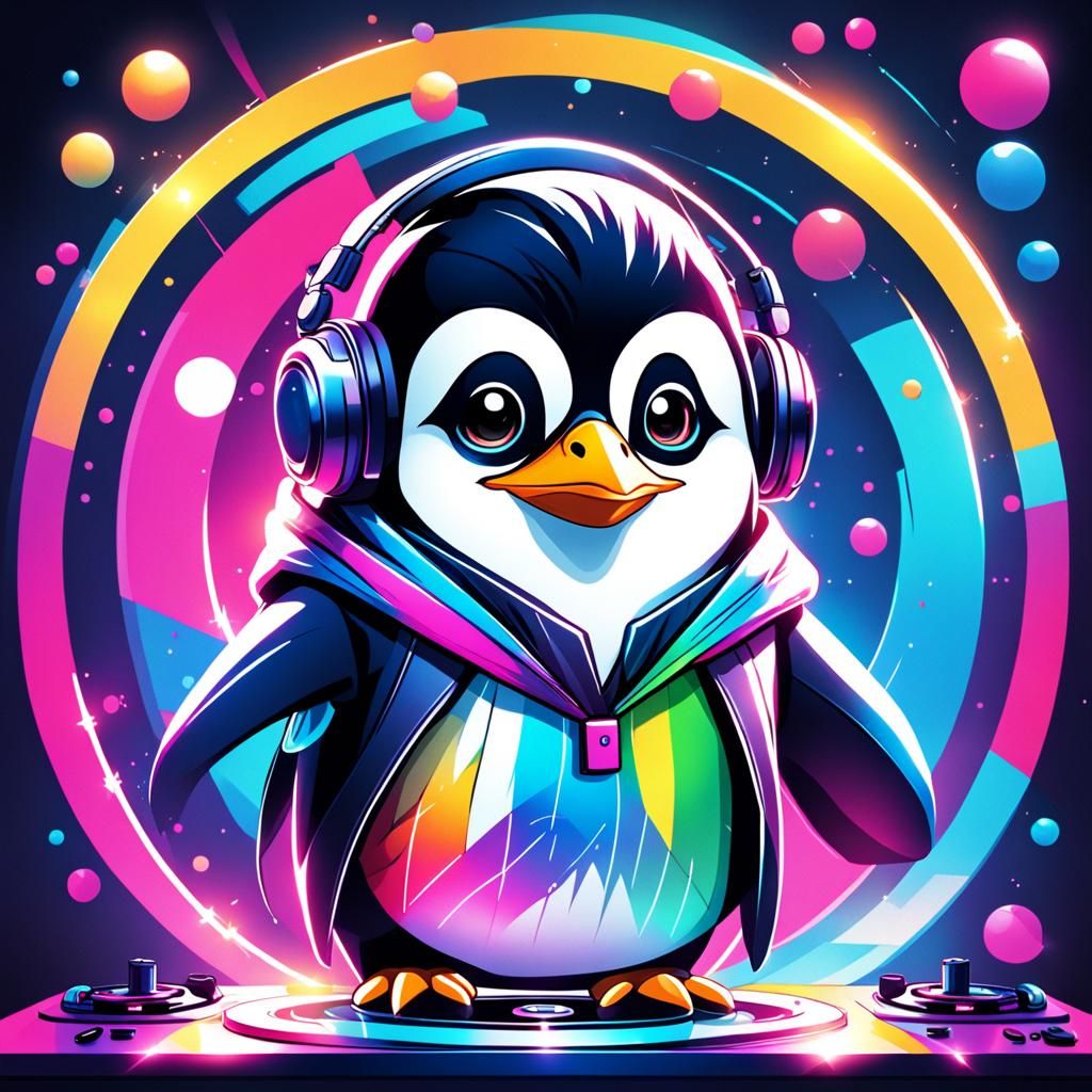 Disco Penguin 80s DJ in Cartoon Style