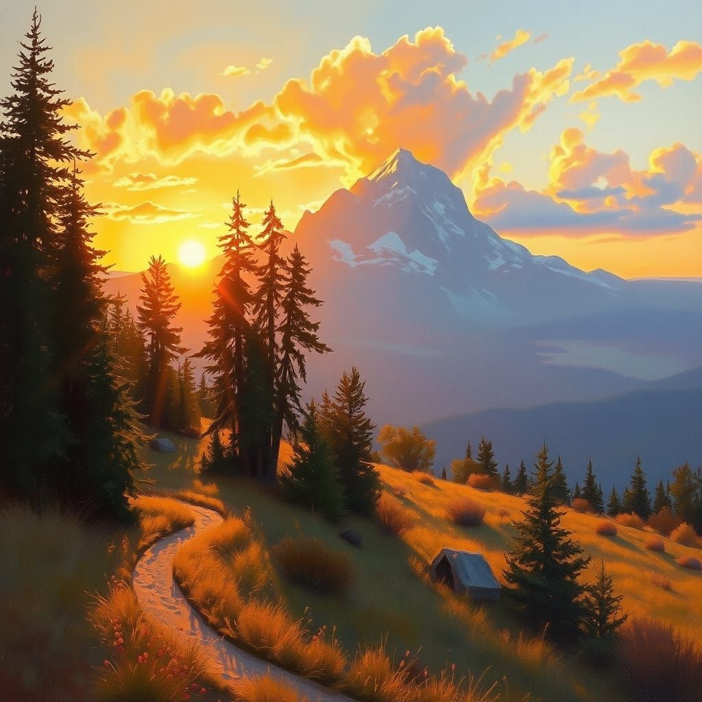 Honey Glow Sunset in Oil Painting Style