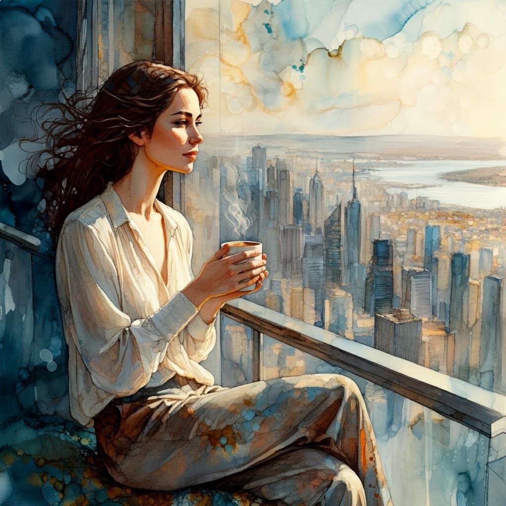 Ethereal Cityscape Coffee Scene in Dreamy Watercolor Style