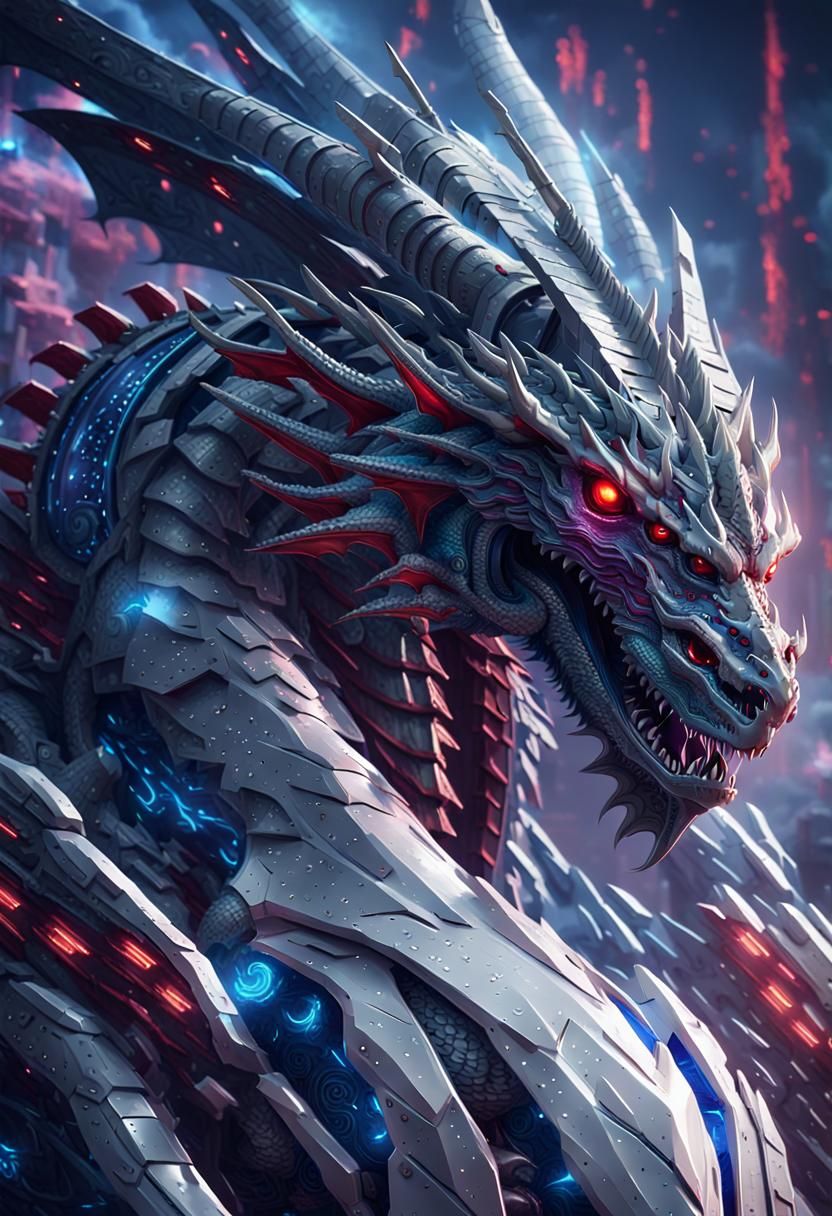 Cyberpunk Robotic Dragon Breathing Fire at Night