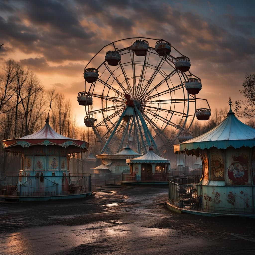 Abandoned Theme Park at Dusk with Ferris Wheel