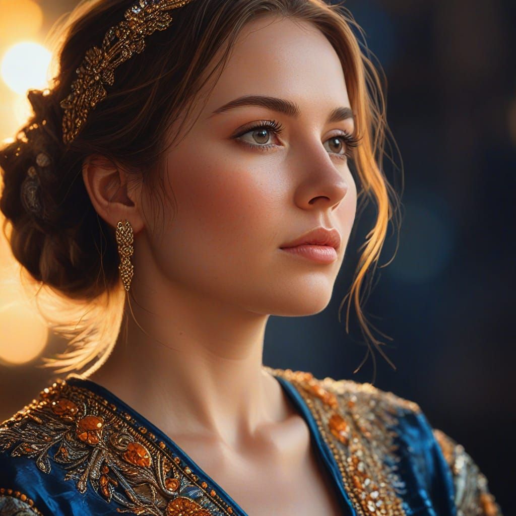 Hyper-Realistic Oil Painting of Woman in Gold Light