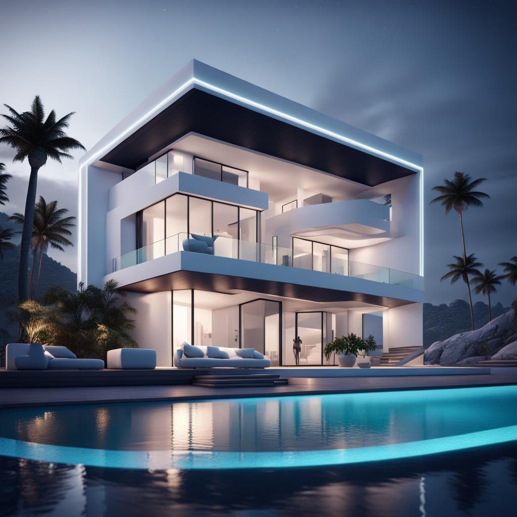 Modern Villa by Ocean: Detailed Matte Painting