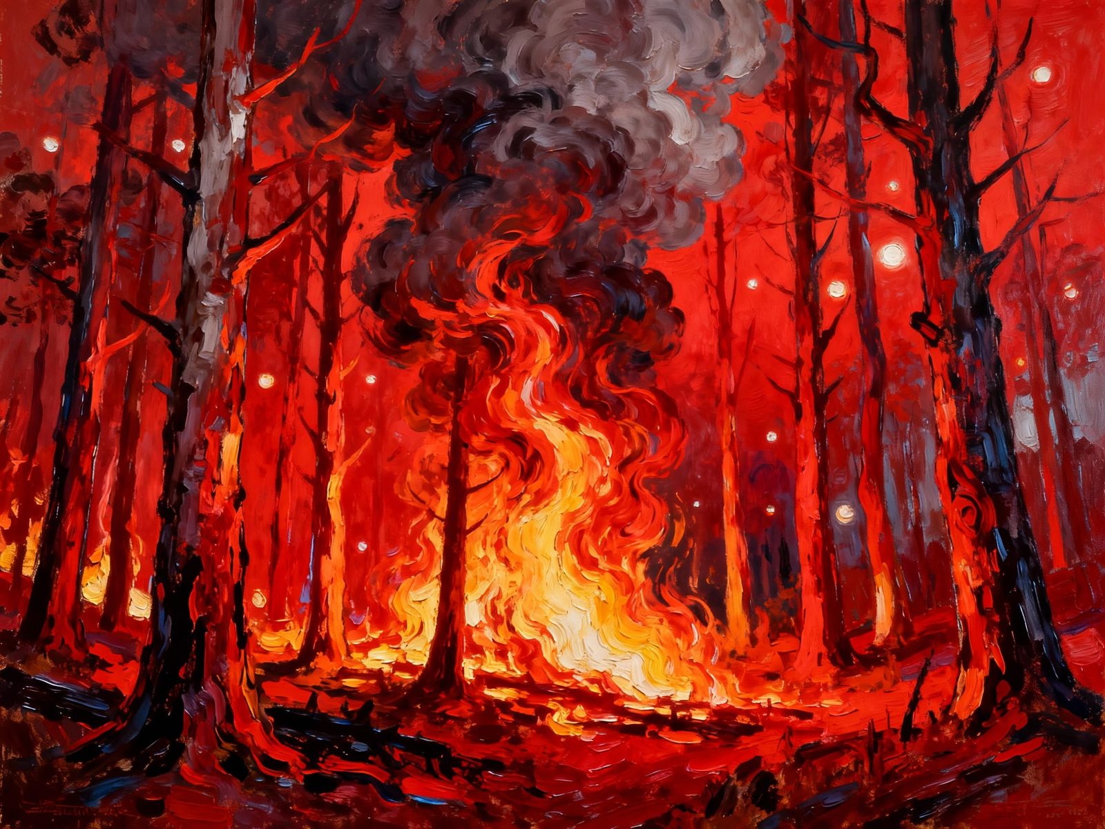 Expressionist Forest Fire in Intense Red Palette