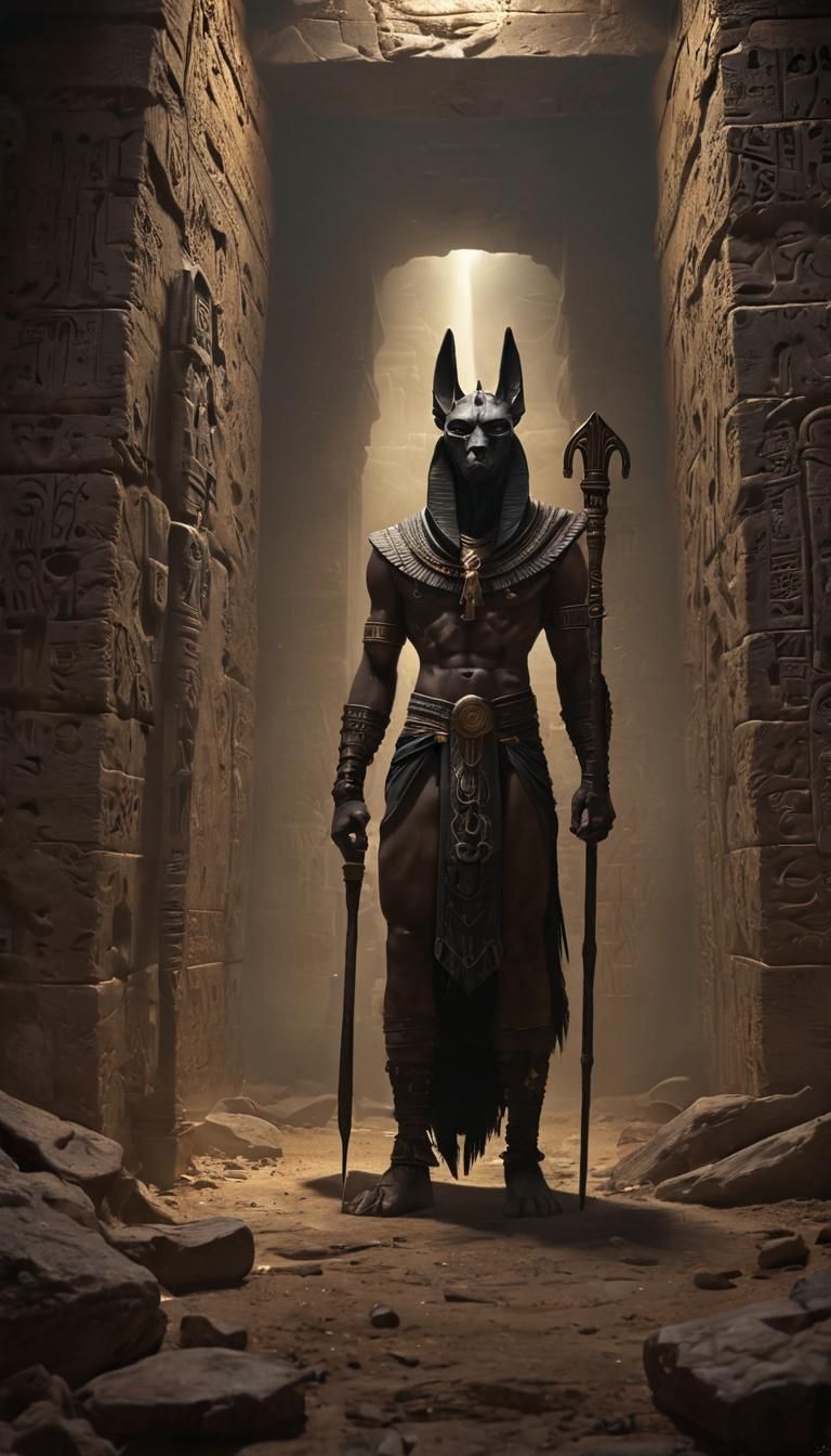 Anubis Guards Ancient Tomb in Dark Fantasy Art