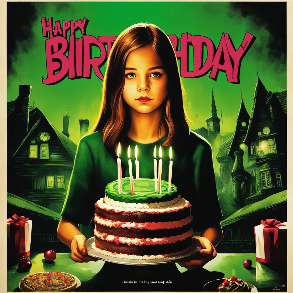 Eerie Birthday: Girl with Cake, Horror Poster Style