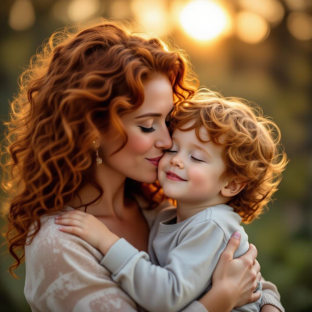 Loving Mother and Son Embrace in Golden Hour Light
