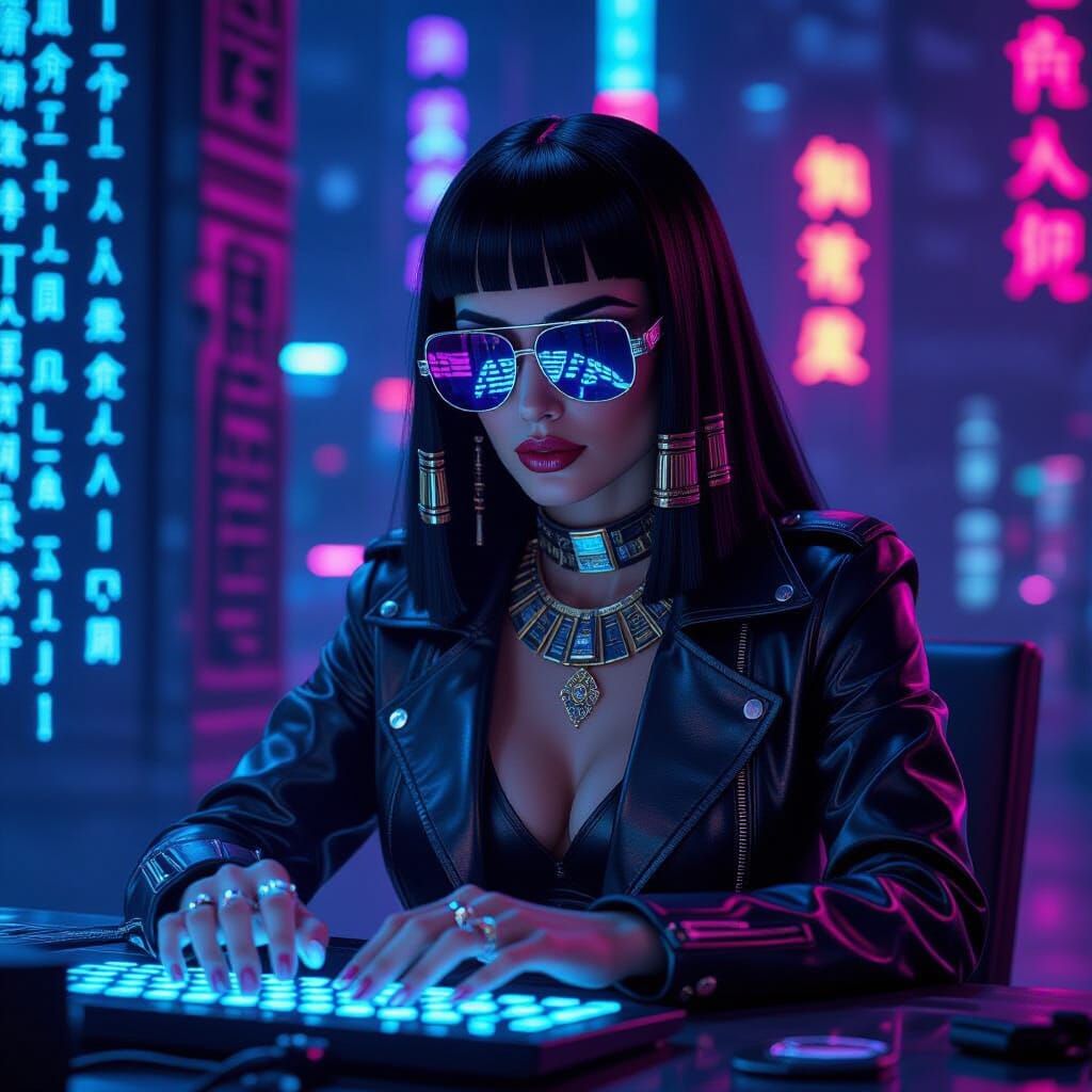 Cyberpunk Cleopatra: Hacker in Neon City