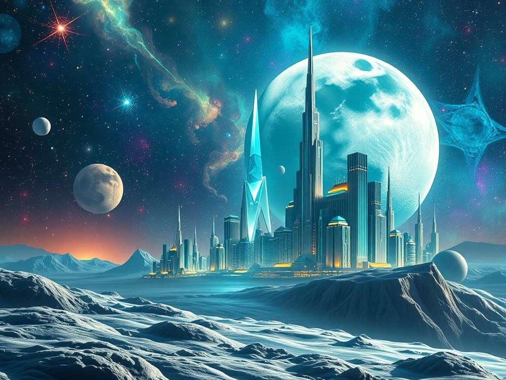 Ethereal Teslapunk City on the Moon, Set Amidst a Vibrant Ne...