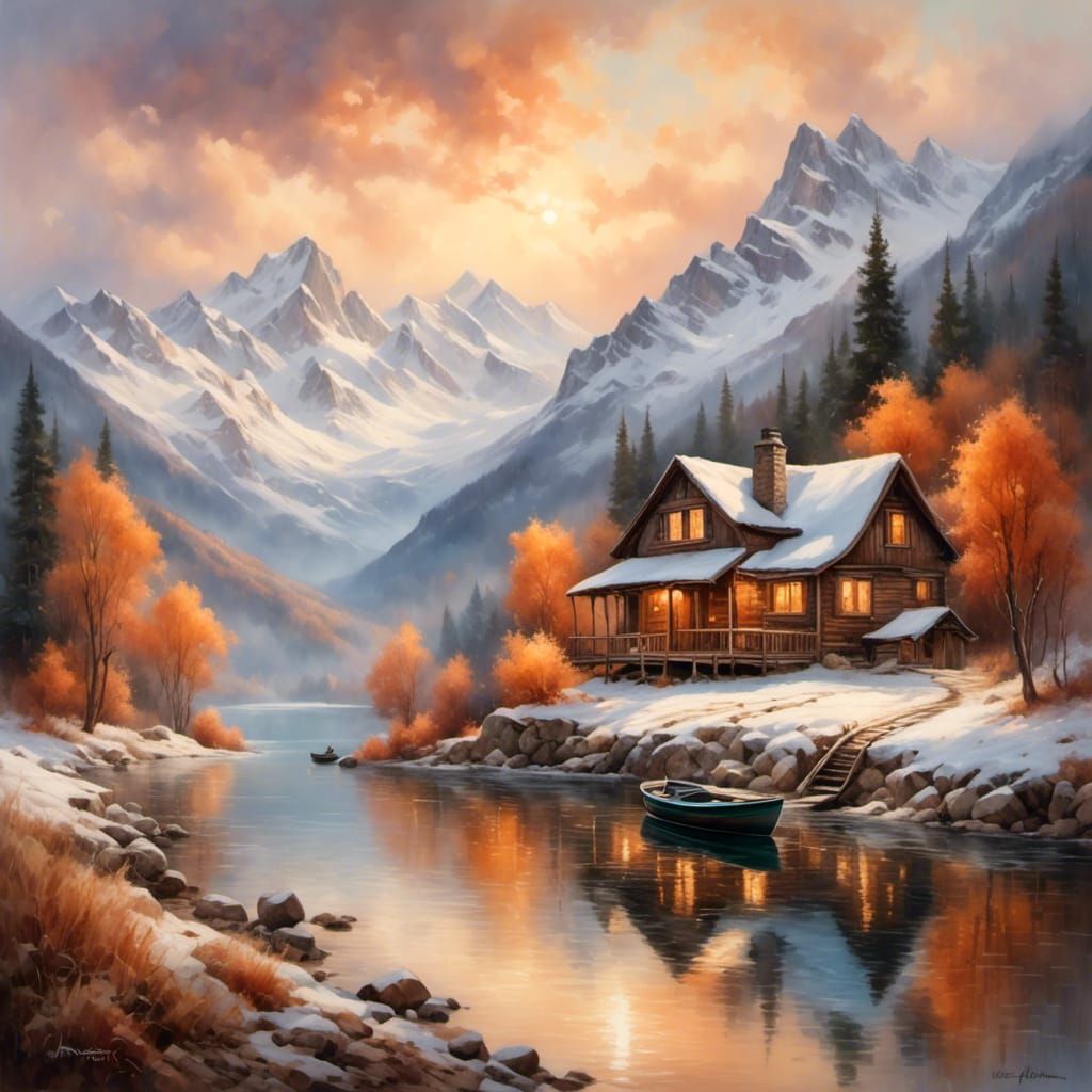 Impressionistic Mountain Landscape with Cabin at Dawn