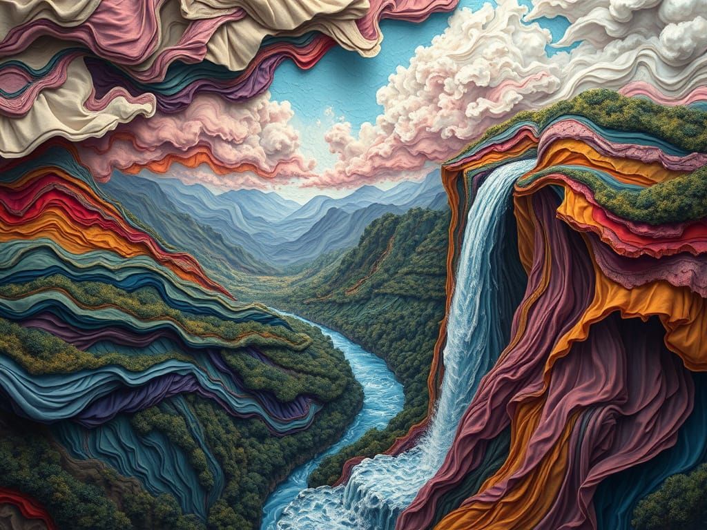 Vibrant Fabric Landscape with Majestic Waterfall