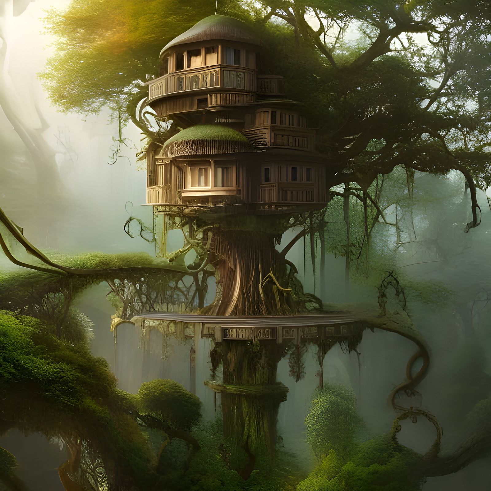 Enchanted Treehouse in Surreal Forest, Digital Painting