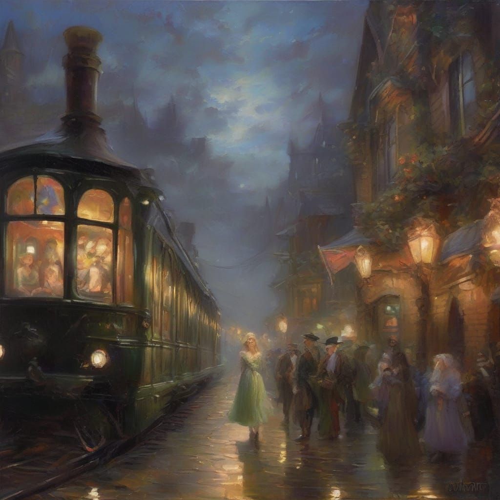 Fantasy Victorian Train Station with Elves in Oil Painting