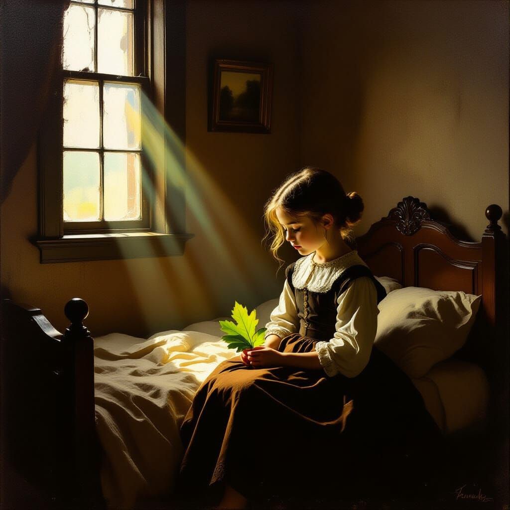 Girl with Sunlit Oak Leaf in Old Masters Style