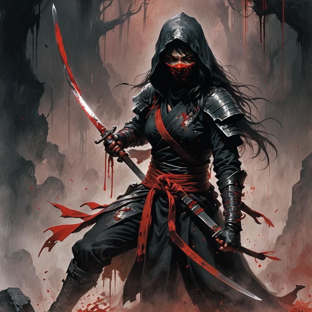 Blood-Soaked Ninja with Red Sword: Dark Fantasy Art