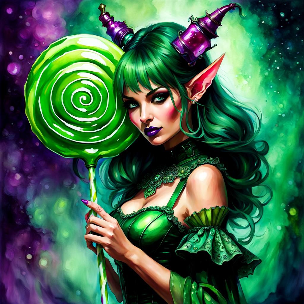Green Goblin Girl with Lollipop in Fantasy Art