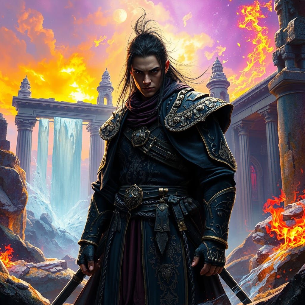 Mystical Warrior in Ruins with Light and Dark Clash