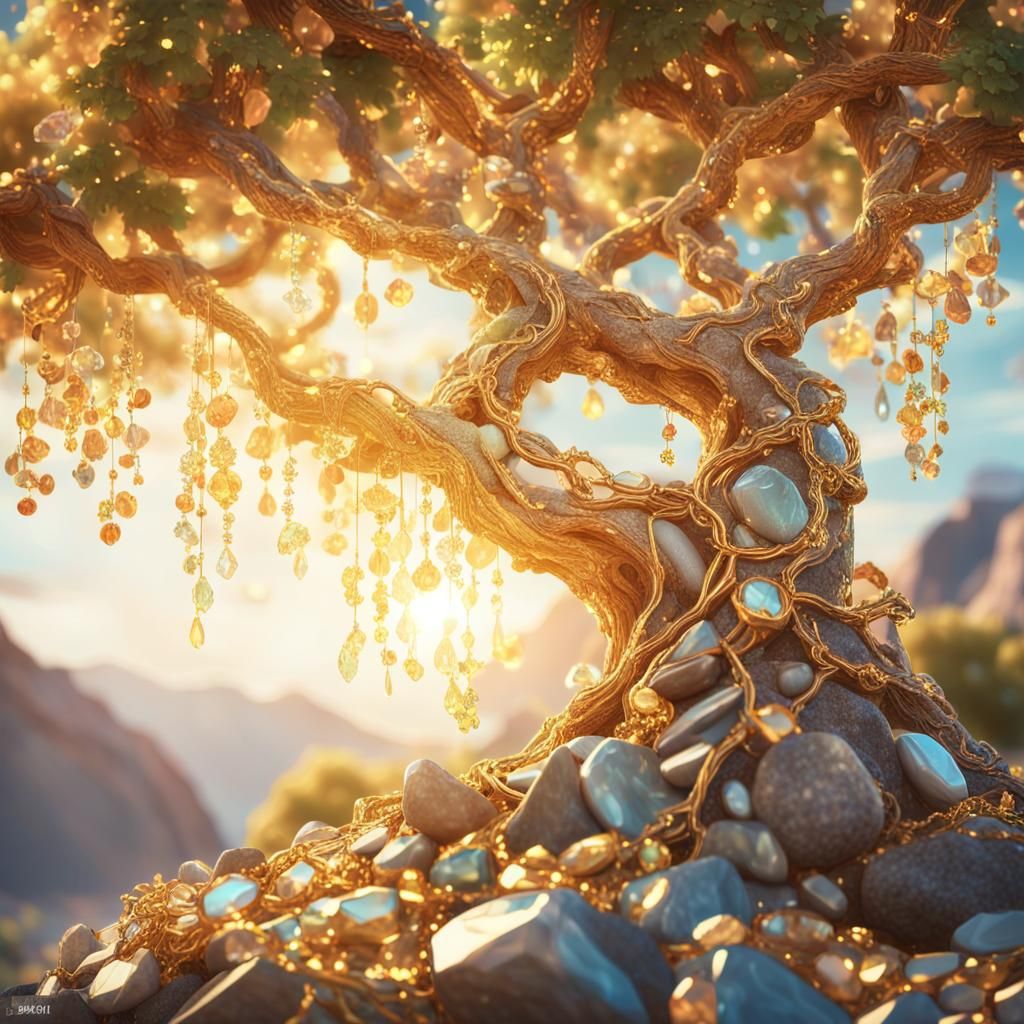 Gemstone Tree in Golden Light: Digital Art