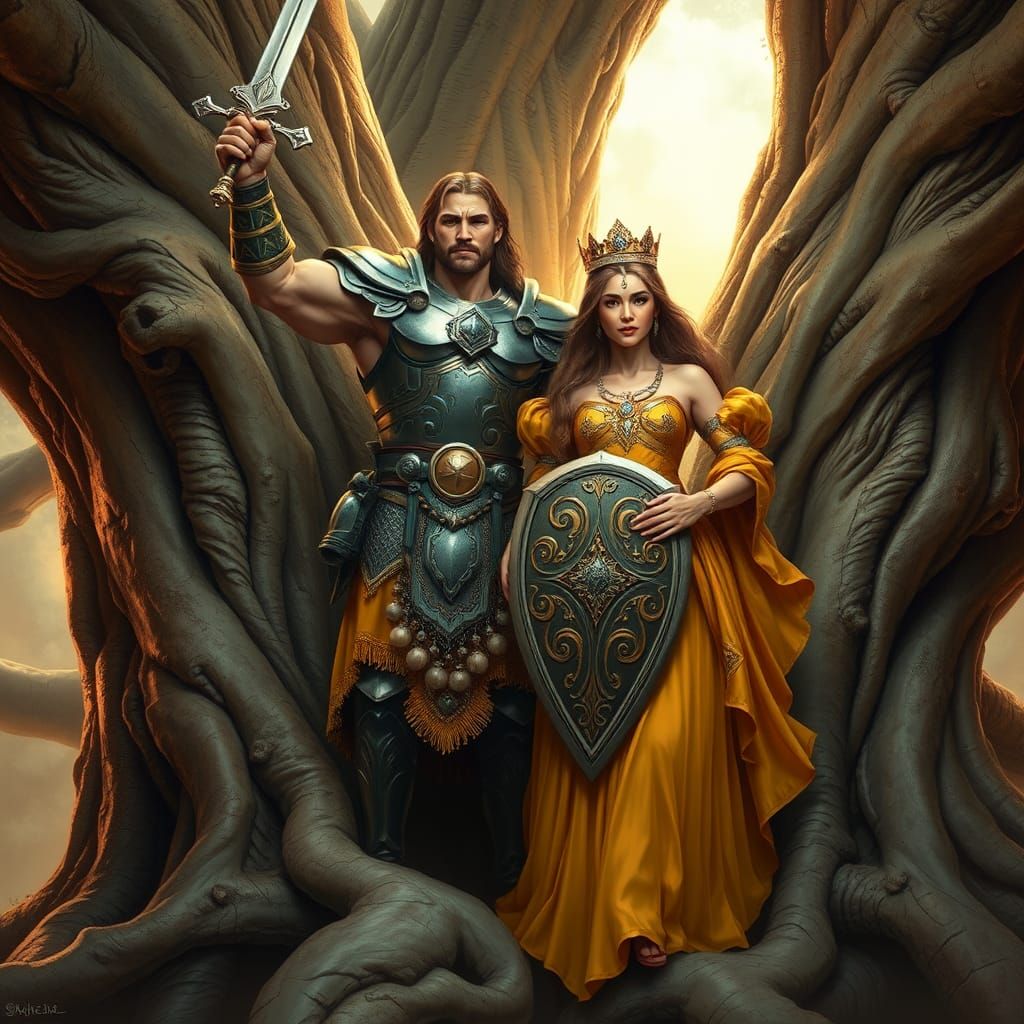 Victorious Warrior and Regal Woman in Fantasy Art