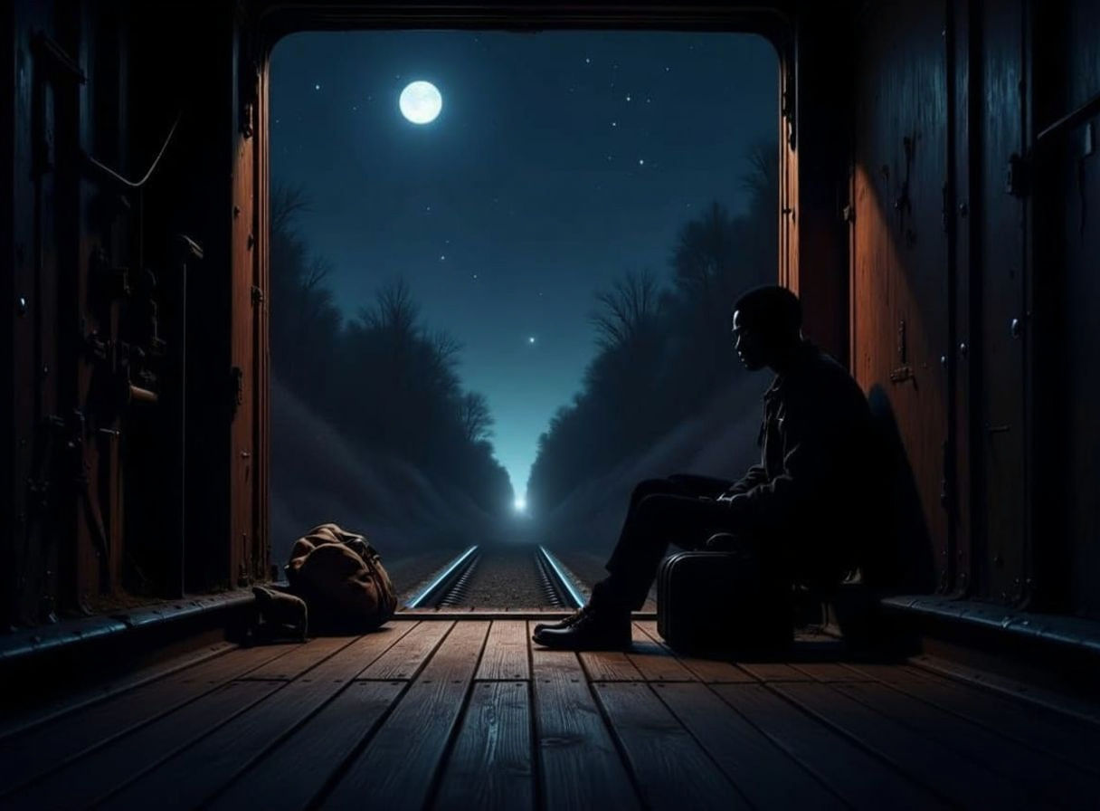 Man Watches Night Train in Dark Magical Style