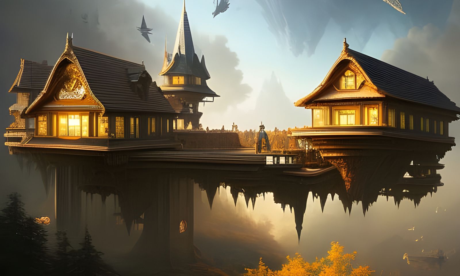 Surreal Floating Wooden House in Dark Fantasy Style