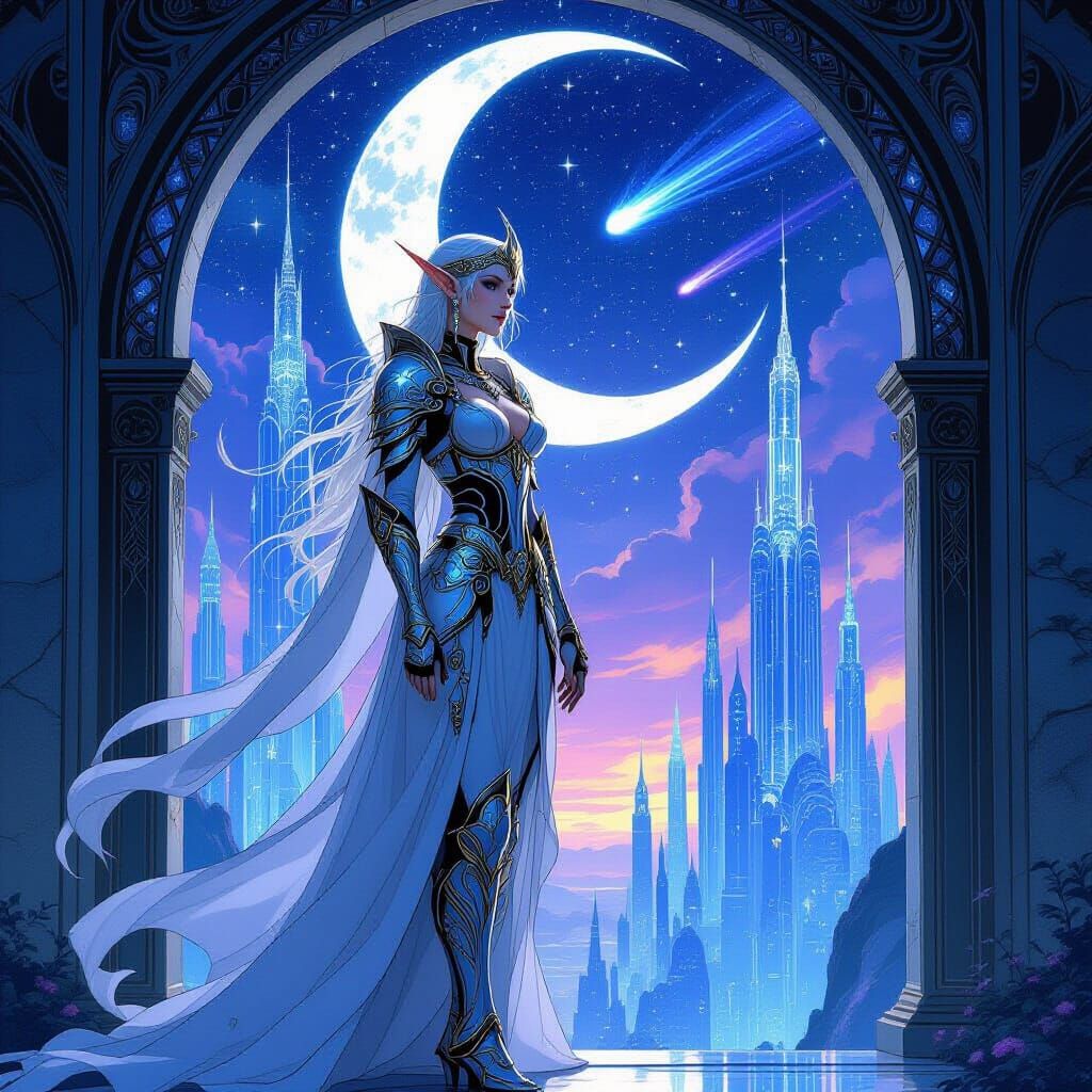 Elf Warrior at Celestial City Entrance, Art Nouveau & Digita...