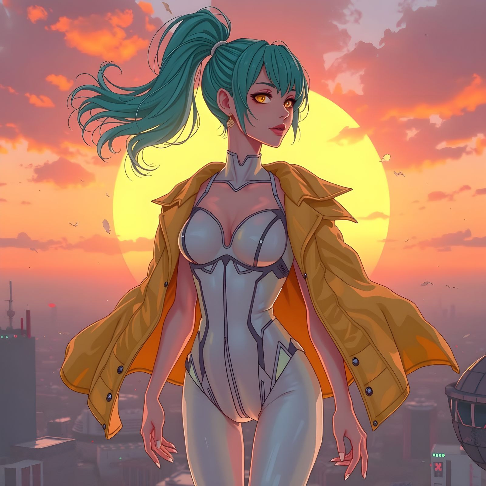 Surreal Anime Goddess Basks in Sunset Radiance on Futuristic...