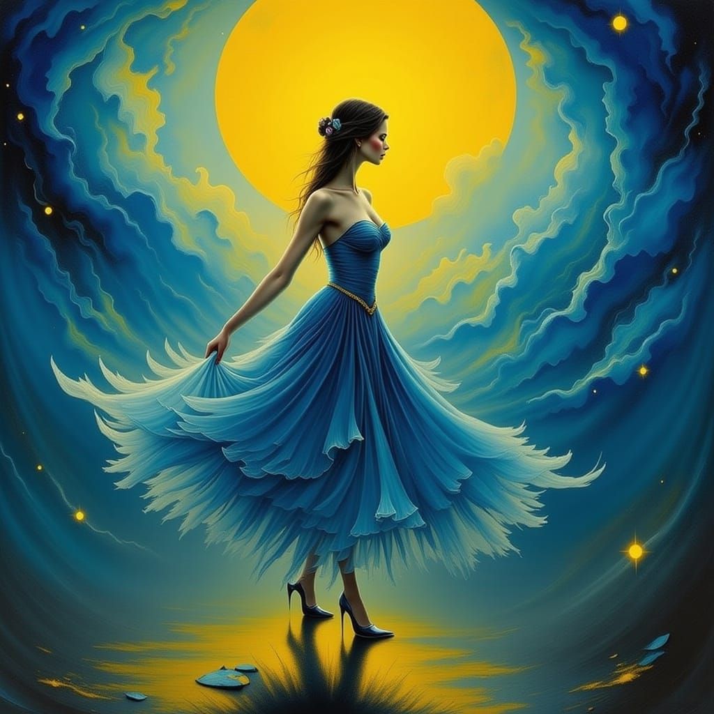 Woman Waltzing Under Moonlit Sky in Art Nouveau Style